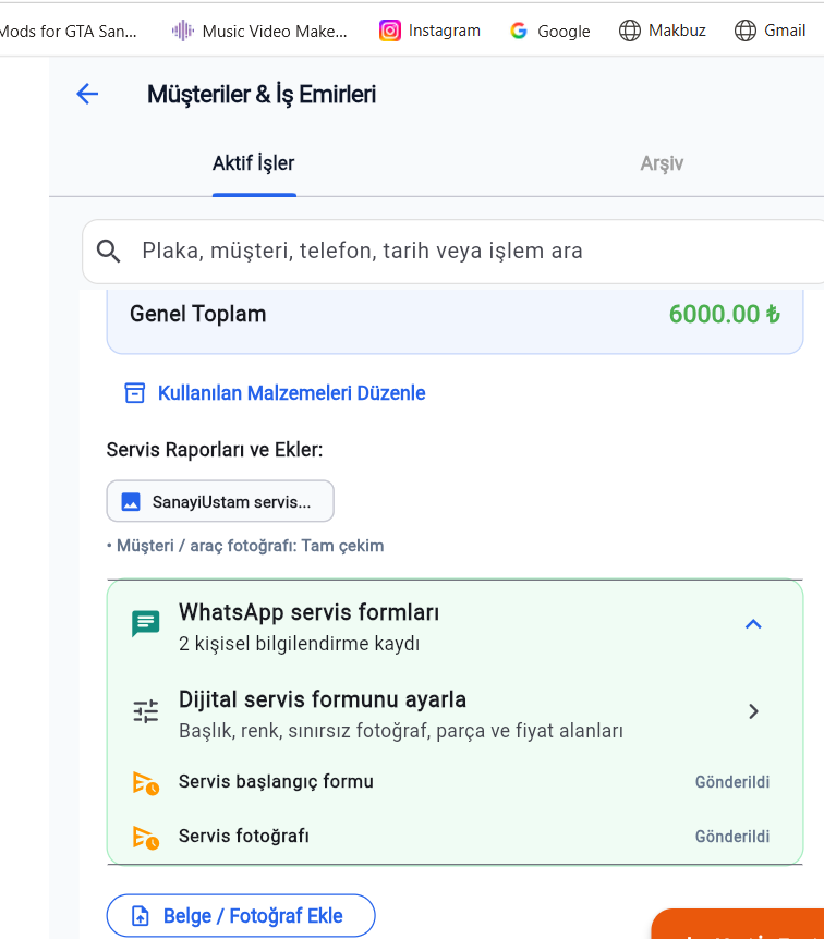 SanayiUstam uygulamasındaki WhatsApp servis formları ve servis kayıtları ekranı