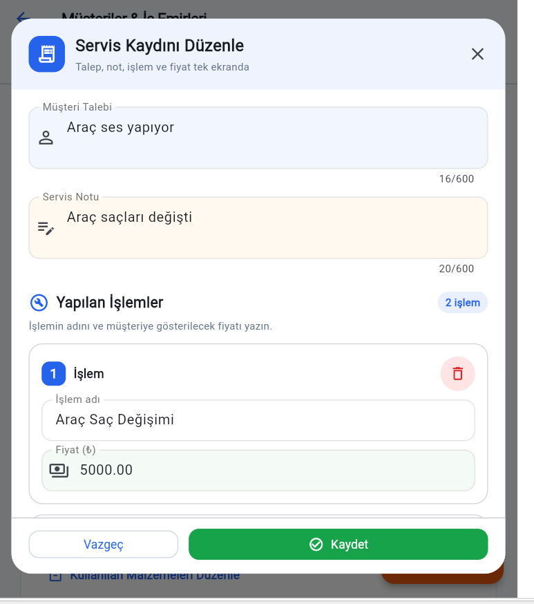 SanayiUstam uygulamasındaki servis kaydı düzenleme ekranı