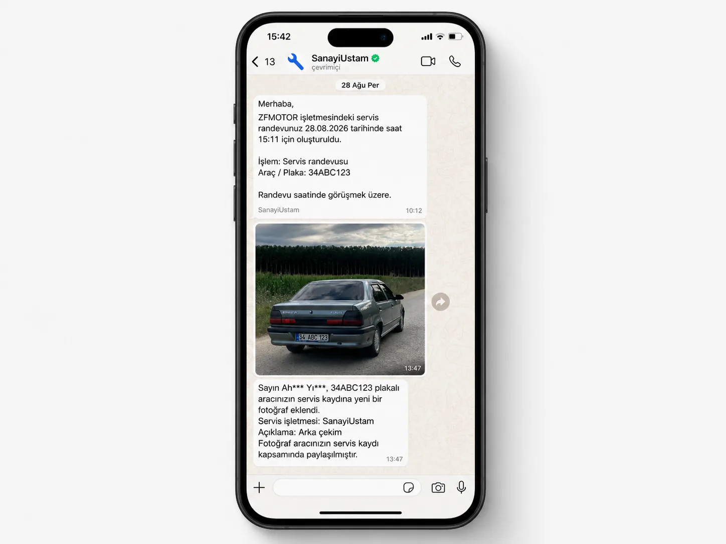 SanayiUstam üzerinden gönderilen WhatsApp servis randevusu ve fotoğraf bilgilendirmesi