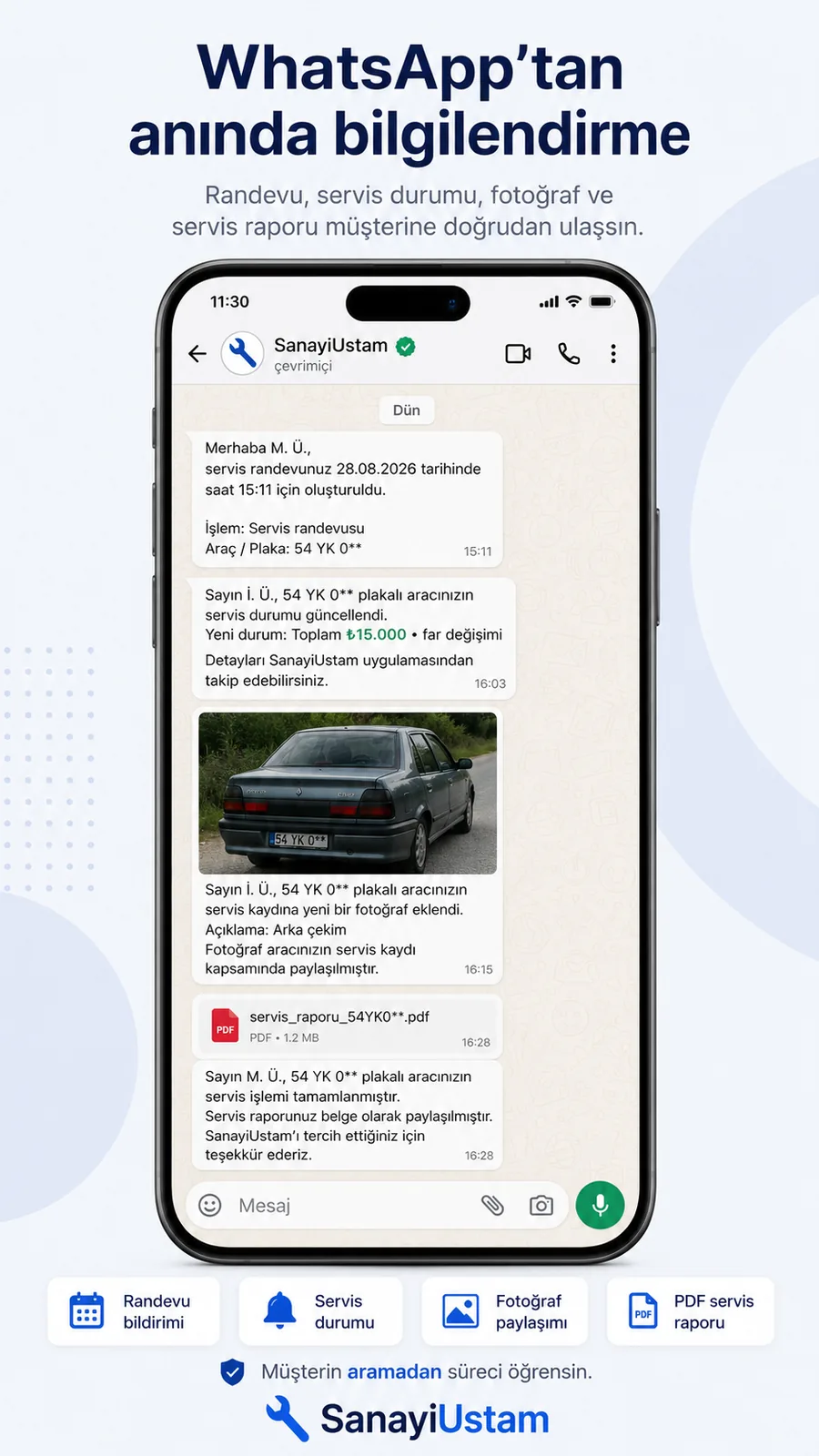 SanayiUstam WhatsApp randevu, servis durumu, fotoğraf ve PDF bilgilendirme akışı
